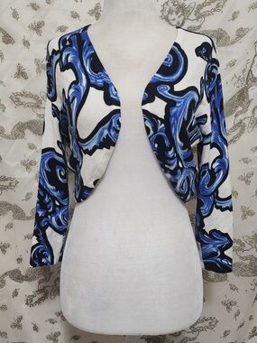 Vintage Y2k CACHE Blue & White Abstract Cropped Cardigan SZ M